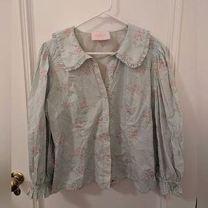 Selkie Green Floral Cotton Blouse with Ruffled Collar Long Puff Sleeves Medium